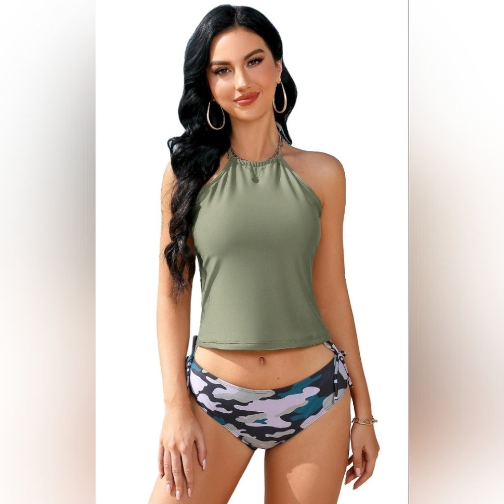 New with tags! Blueming Womens Large Green Camo Halter Tankini Swim Suit